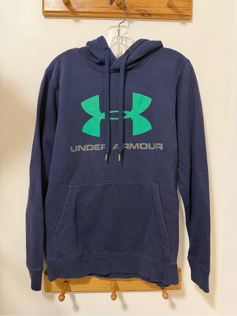 Under Armour Men's Navy Hoodie with Bright Green Logo